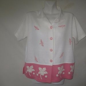 KENETH TOO! M 8 10 BLOUSE SHORT SLEEVE WHITE PINK